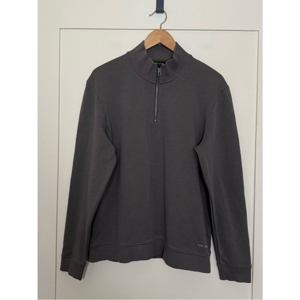 Ted Baker Sweatshirt Mens Sz 5 (XL) Gray 1/4 Zip Long Sleeve Logo Pullover